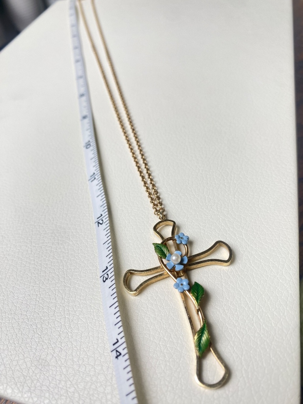 Vintage Krementz Forget Me Not Enamel Cross Necklace Genuine Pearl Box Papers - Picture 4 of 8